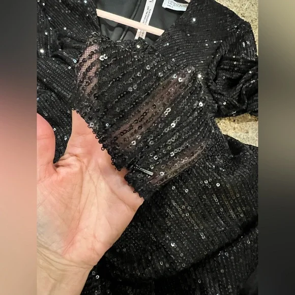 Ieena for Mac Duggal Black Sequin Knotted Long Sleeve Midi Dress Size 6 NWT - Picture 10 of 12